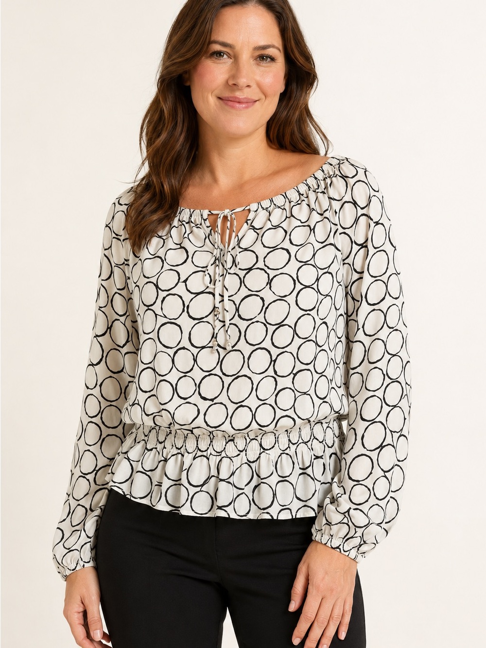 Ellen Tracy Abstract Circle Peplum Off Shoulder Blouse Size Large